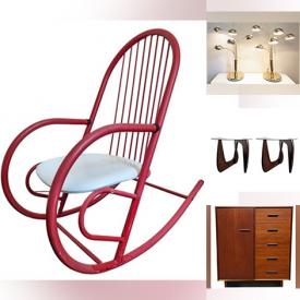 MaxSold Auction: This online auction includes signed paintings, furniture such as leather butterfly style chair, teak dining table, mid century night stand, Sklar Pepplar sofa, Eames style chairs, Noguchi style side tables and tubular dining set, deco lamps, MCM wall art, Canadian pottery, Pyrex, and much more!